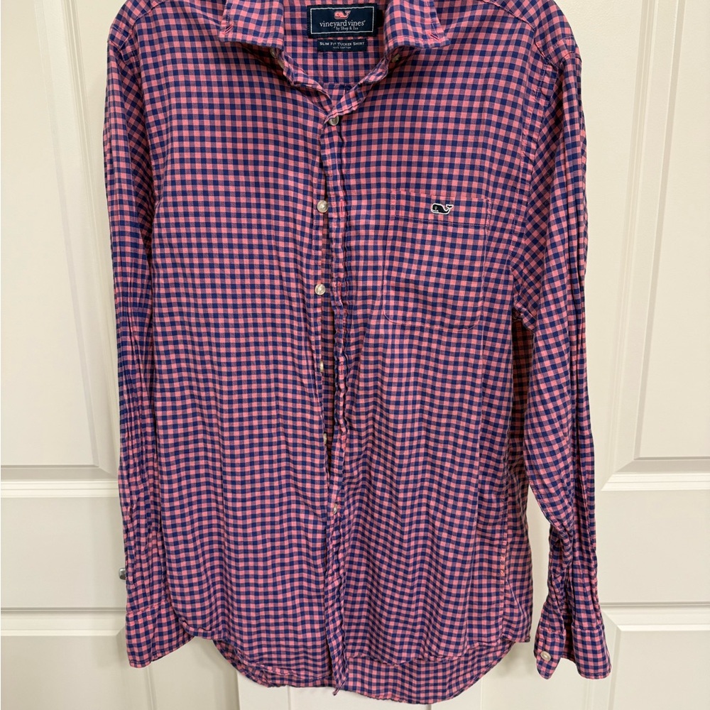 Vineyard Vines Men's Casual Pink and Blue Check Shirt